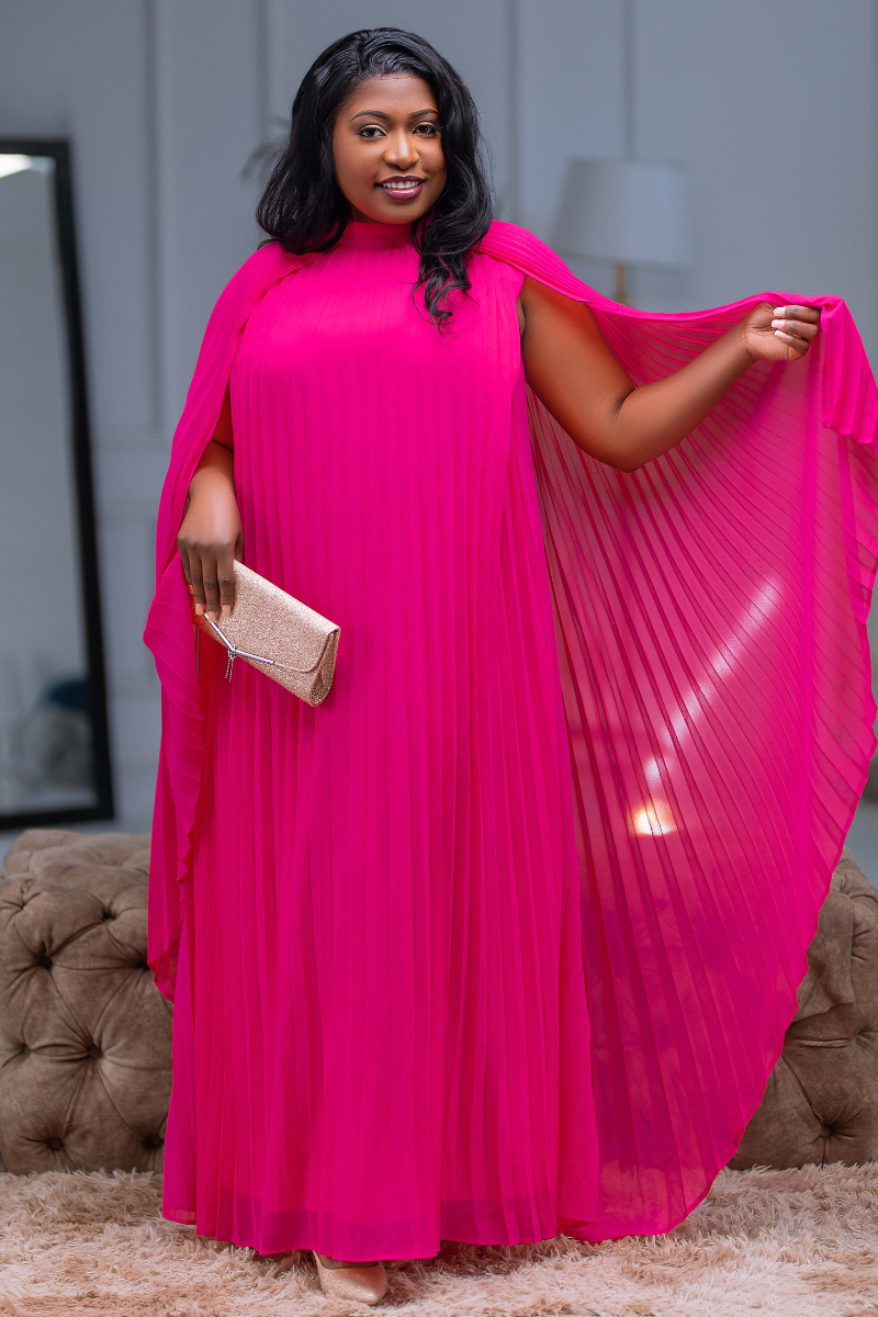 Valentina Pleated Cape Sleeve Dress Pink
