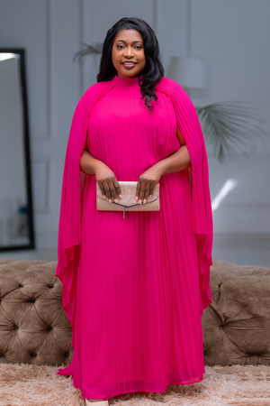 Valentina Pleated Cape Sleeve Dress Pink