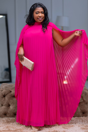 Valentina Pleated Cape Sleeve Dress Pink