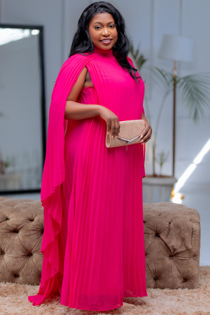 Valentina Pleated Cape Sleeve Dress Pink