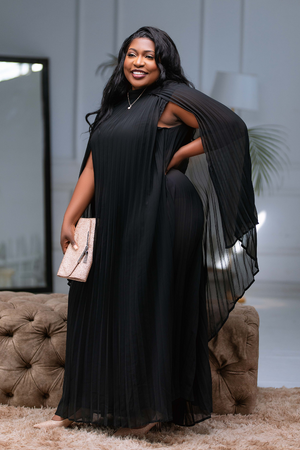 Valentina Pleated Cape Sleeve Dress Black