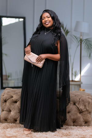 Valentina Pleated Cape Sleeve Dress Black