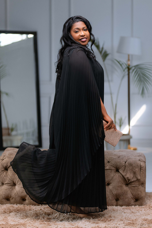 Valentina Pleated Cape Sleeve Dress Black