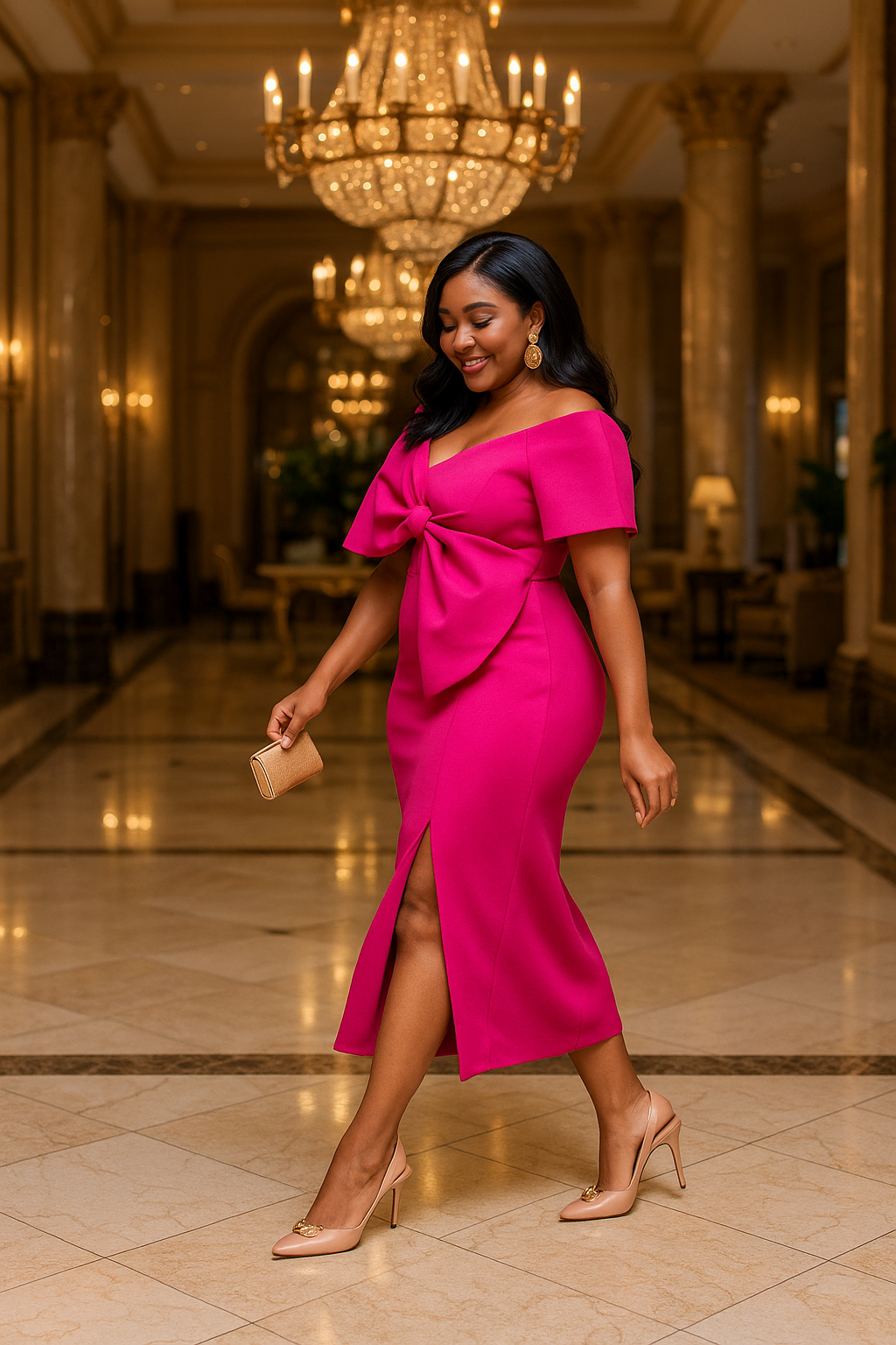 Statement Bow Midi Dress Pink