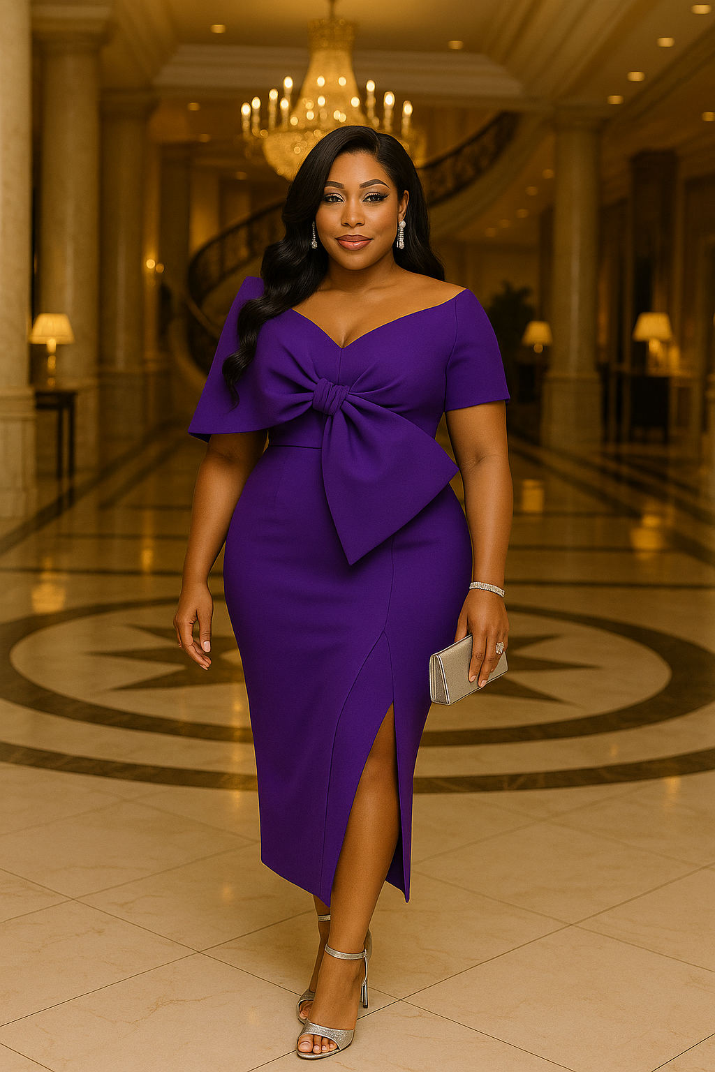 Statement Bow Midi Dress Purple